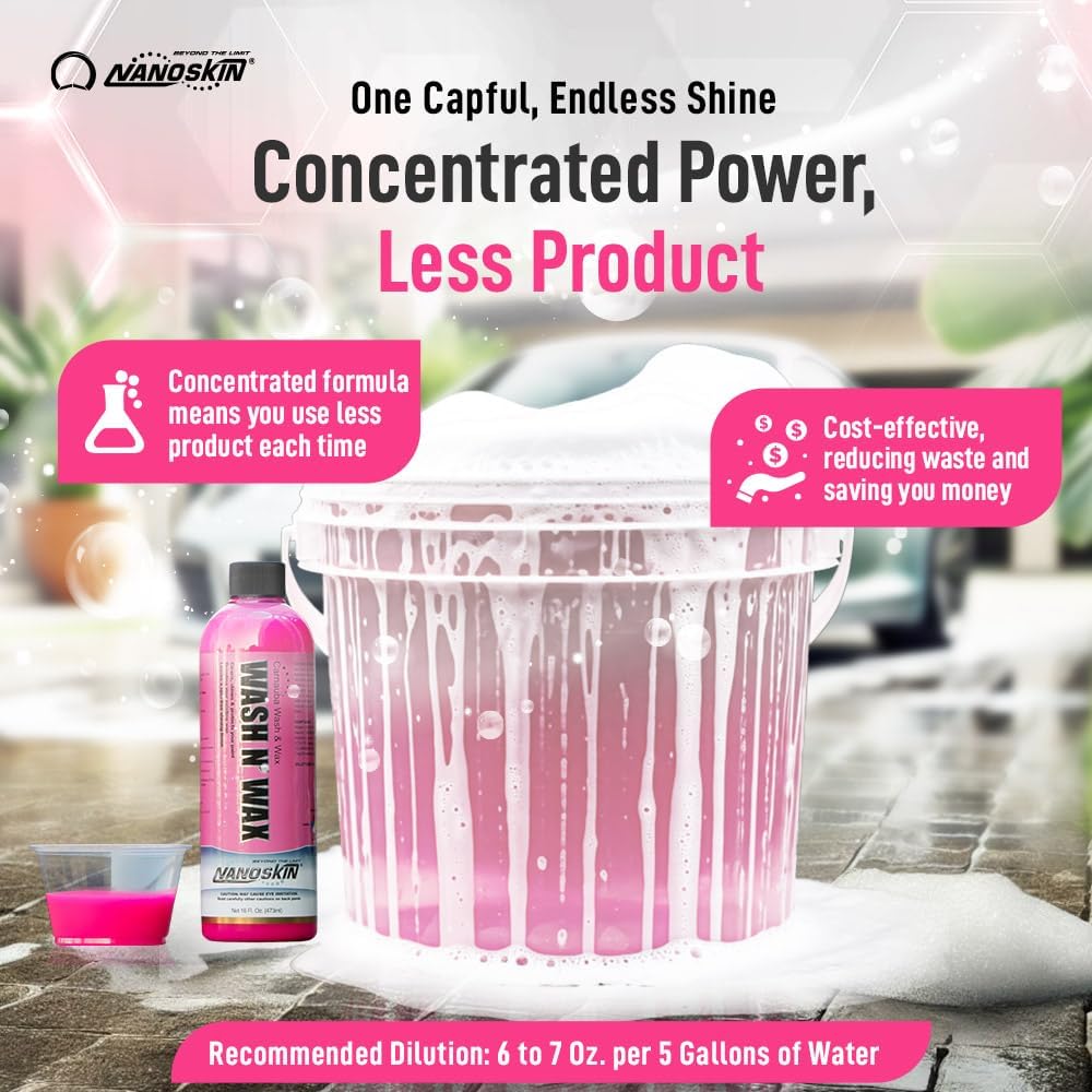 Nanoskin WASH N' WAX with Carnauba 30 gallons - Cleans & Shines in One Step | Works with Foam Cannon, Foam Gun, Bucket Washes, Pressure Washer | Carnauba Wax Protection for Cars