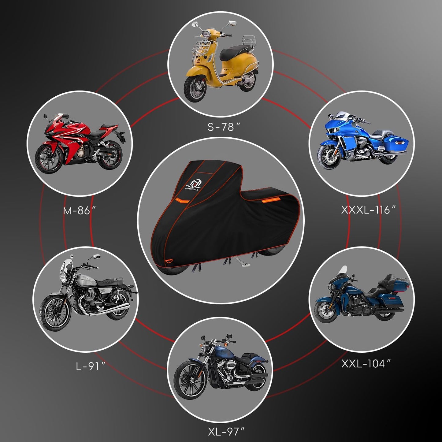 Motorcycle Cover | Heavy Duty PVC | Soft Inner Cotton | Waterproof Outdoor | All Season Universal | 4 Reflective Strips | 3 Windproof Straps | 1 Lock Hole | 1 Storage Bag | (Black, L, 91")