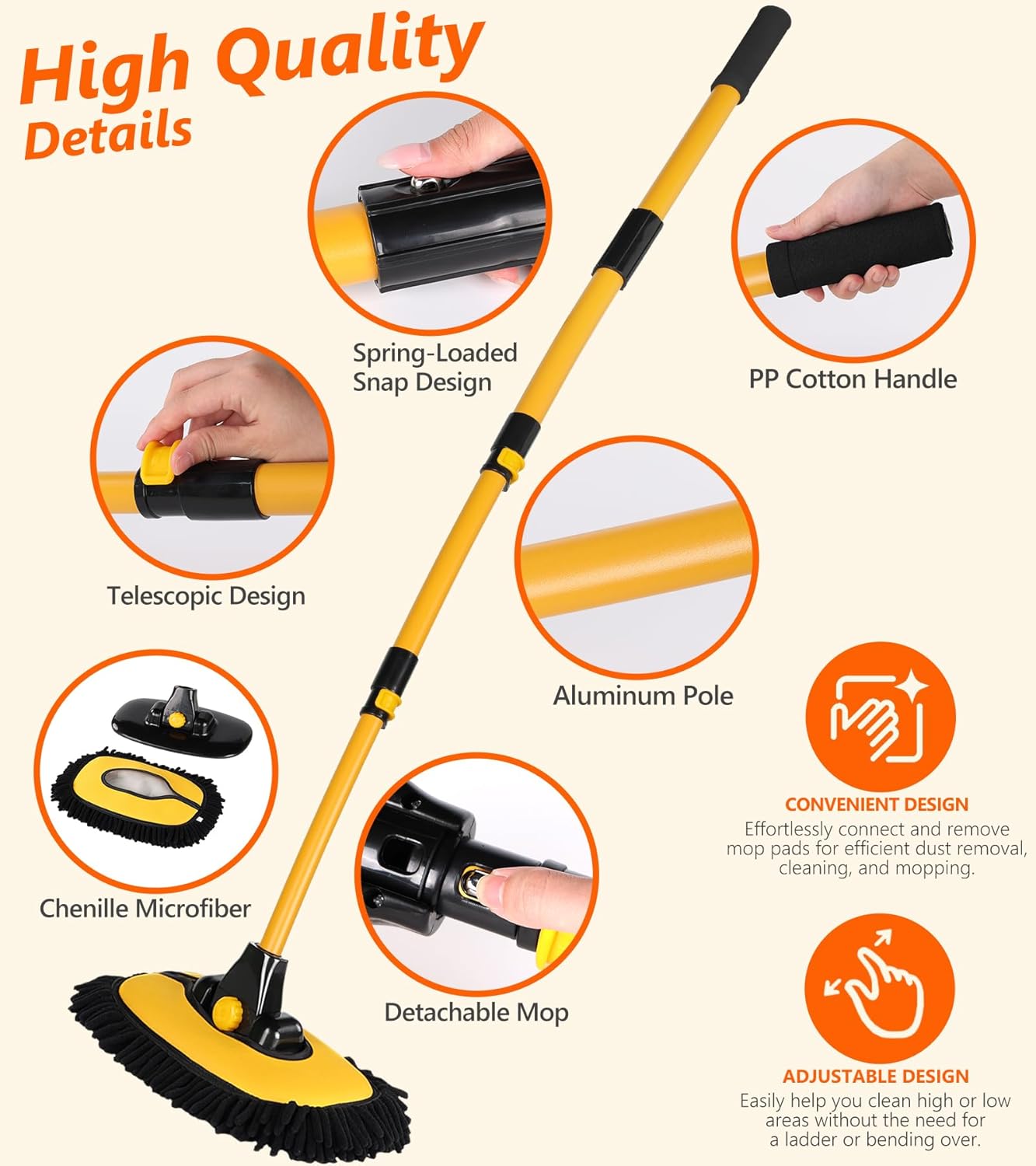 56.7" Car Wash Brush Mop Kit Microfiber Car Washing Sponge Mitt with Long Handle Car Cleaning Supplies Tools RV Washing Duster Exterior Scratch Free, Chenille Replacement Head Extension Pole