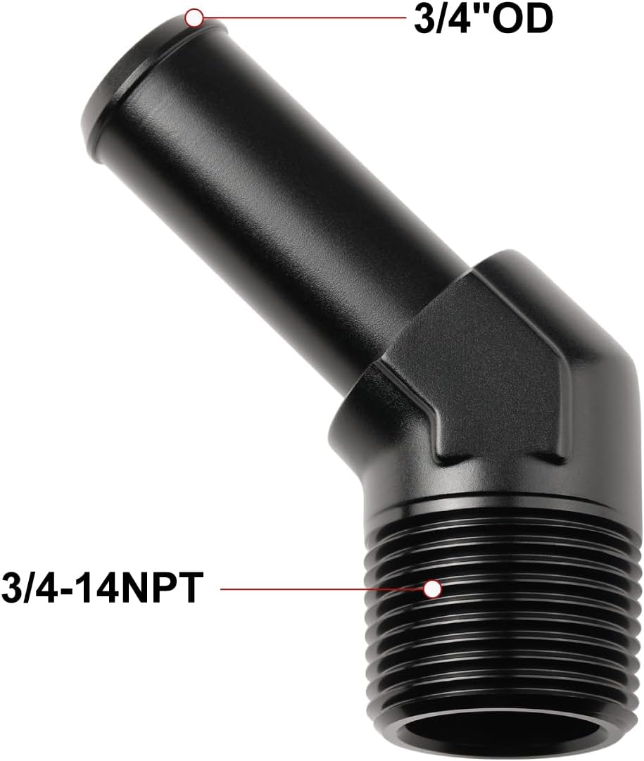 3/4 NPT Male to 3/4" Hose Barb Fitting Adapter 45 Degree Elbow Aluminum Black