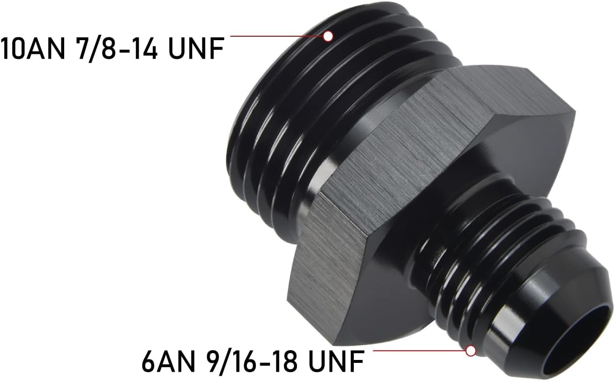 6AN Male Flare to 10AN ORB O-ring Boss Fuel Pump Rail Adapter Fitting Aluminum Black, Pack of 2