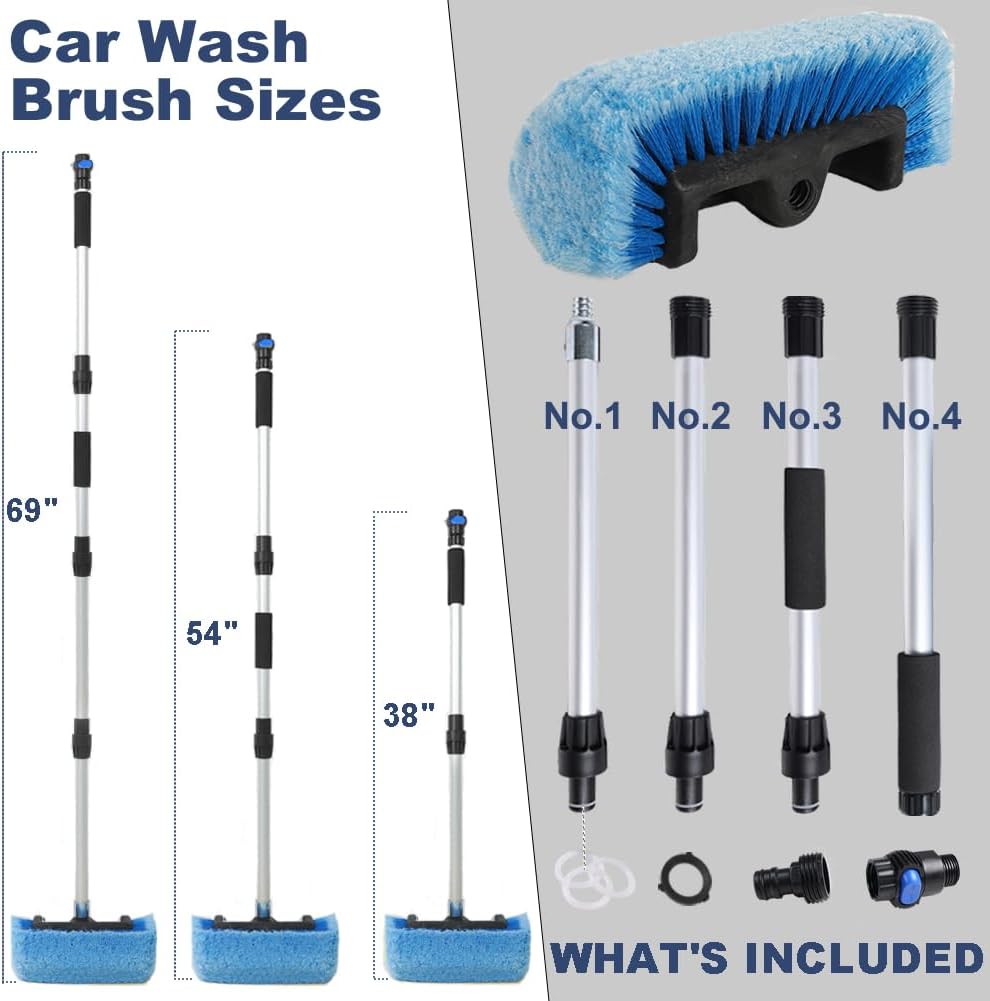69" Car Wash Brush with Long Handle, Flow-Thru Soft Bristle Car Washing Brush with Extendable Handle and Hose Attachment for Car, RV, SUV, Truck, Boat, House Siding, Solar Panels, Blue