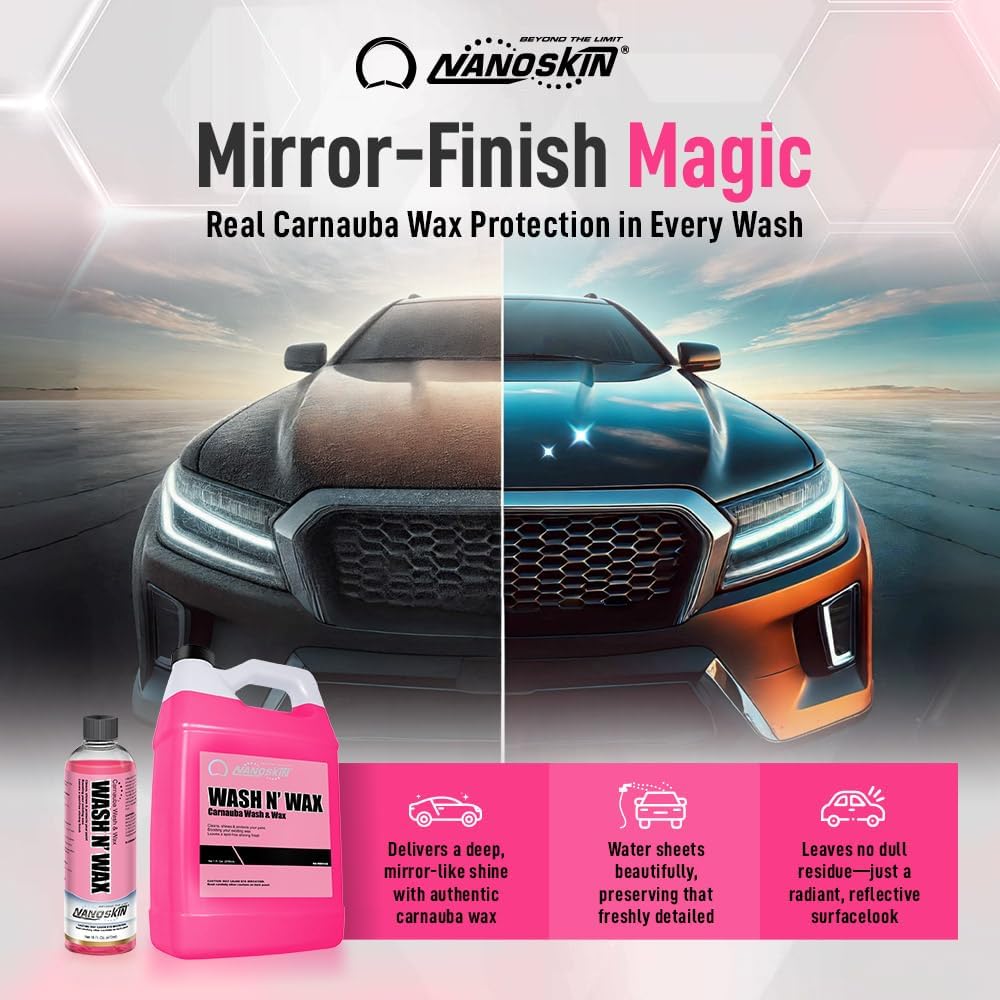 Nanoskin WASH N' WAX with Carnauba 5 gallons - Cleans & Shines in One Step | Works with Foam Cannon, Foam Gun, Bucket Washes, Pressure Washer | Carnauba Wax Protection for Cars