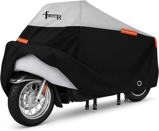 Motorcycle Cover Waterproof Outdoor with Cotton Lining, All Weather Protection from Rain, Dust & Snow - 300D Heavy Duty, Lock Holes, Storage Bag, Universal Fits up to 96" Motorcycles - MC1
