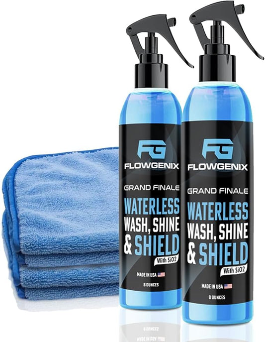 Flowgenix™ Waterless Car Wash Spray - Grand Finale - Motorcycle Cleaner & Car Wax Spray Polish (8 oz) - Ceramic Coating - Incl. 2 Microfiber Towels - Quick Detailer Spray (2-Pack)