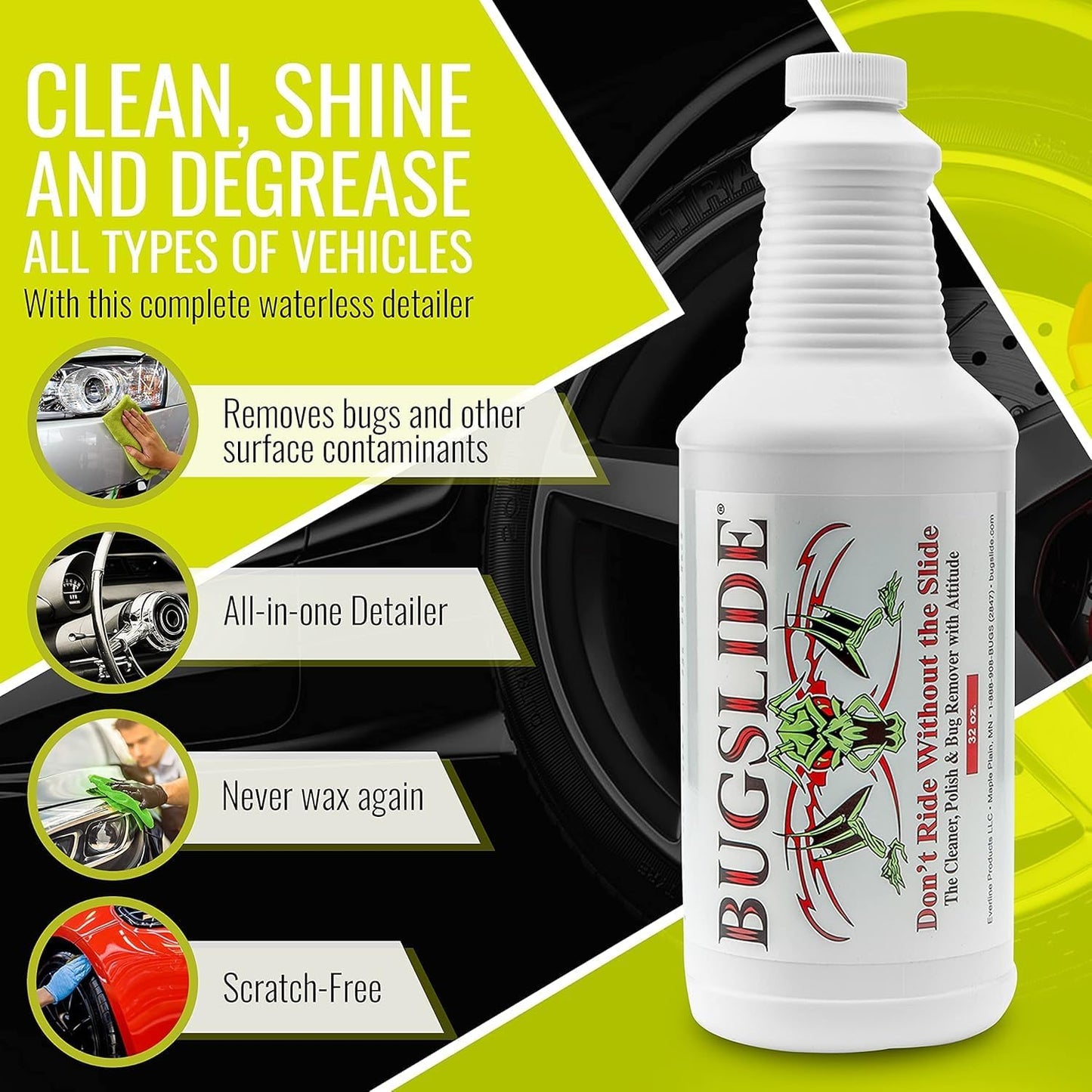 BugSlide Bug Remover Spray – All Purpose Car Cleaner & Detailer, For Vehicle Interior & Exterior Use, Shines, Degreases, Polishes, Wipes Away Bugs on Plastic, Metal,Glass, Windows, Mirrors, 4 oz