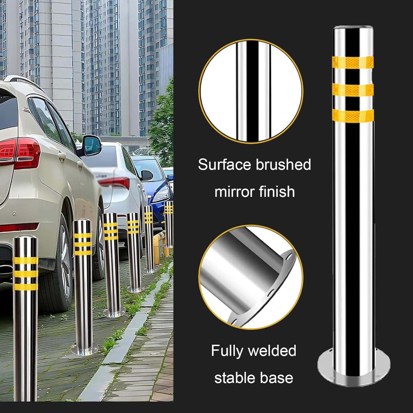 Stainless Steel Parking Bollards for Driveway, Industrial Safety Bollards Reflective Channelizer Post, Parking Barrier, Sturdy and Durable, Easy to Install, for Crowd Control(Silver (4pcs),8.9*60cm/3.