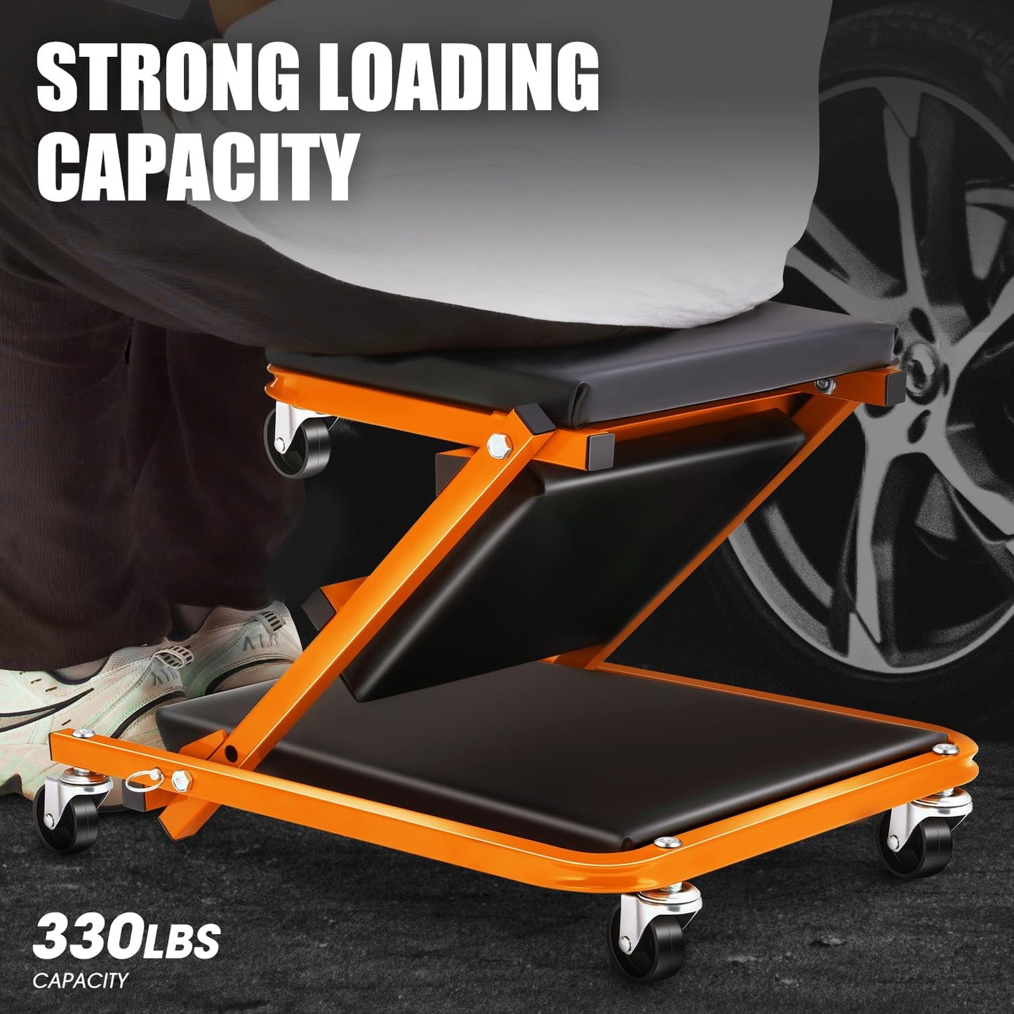 DNA MOTORING 36 Inches 2 IN 1 Rolling Folding Car Creeper/Seat, 6 Pcs 2" Casters, 150kg Weight Capacity, Orange, TOOLS-00185-OG