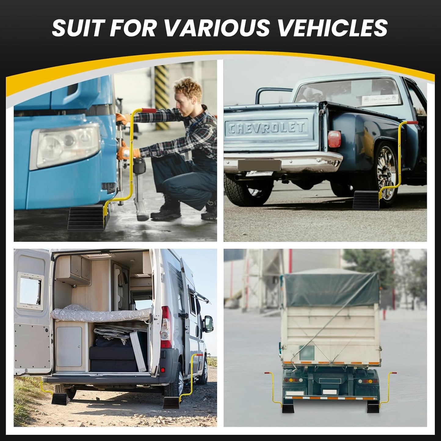 2 Pack Heavy Duty Rubber Wheel Chock with Handle, Sturdy Solid Anti Slip Wheel Stopper for All Weather Use -Trucks, RV, Travel Trailer, Pop Up Camper Accessory, 2 Pcs