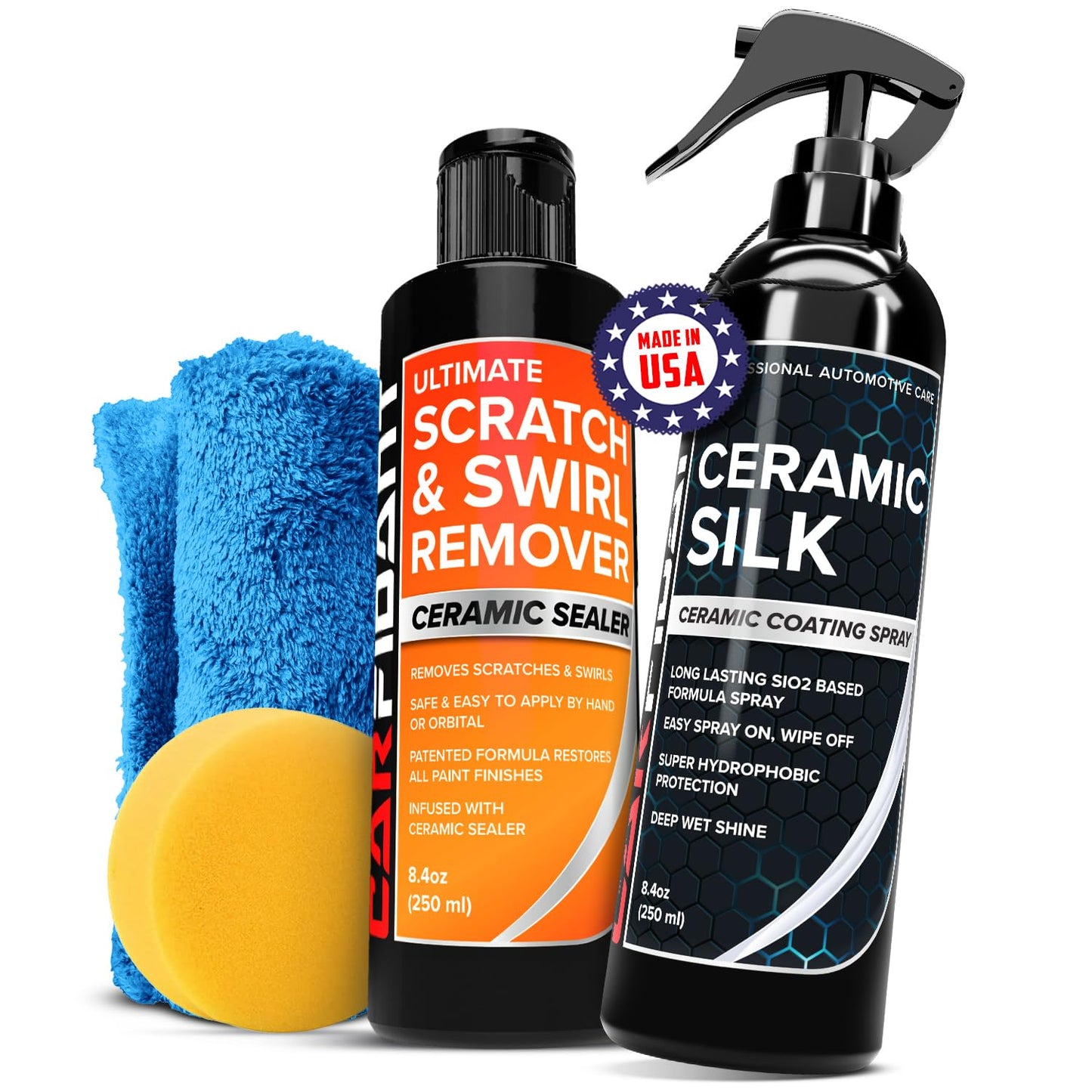Carfidant Scratch & Swirl Remover with Ceramic Silk – Car Scratch Remover for Vehicles Paint Repair with Ceramic Coating Spray – Polishing & Washing Kits with Applicator Pad & Microfiber Towel