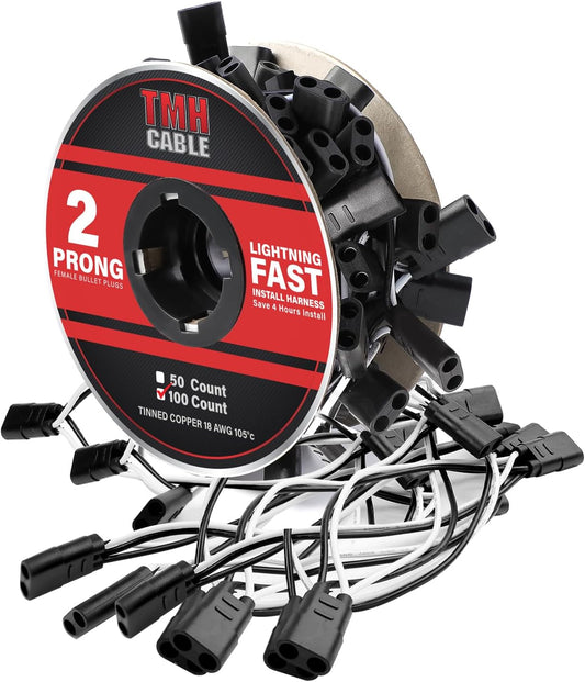 TMH 100 Count 2-Prong Wire Harness Roll Double Female Bullet Plug 18 Gauge - 6.5" Spacing for LED Marker Clearance Lights Hassle-Free Installation
