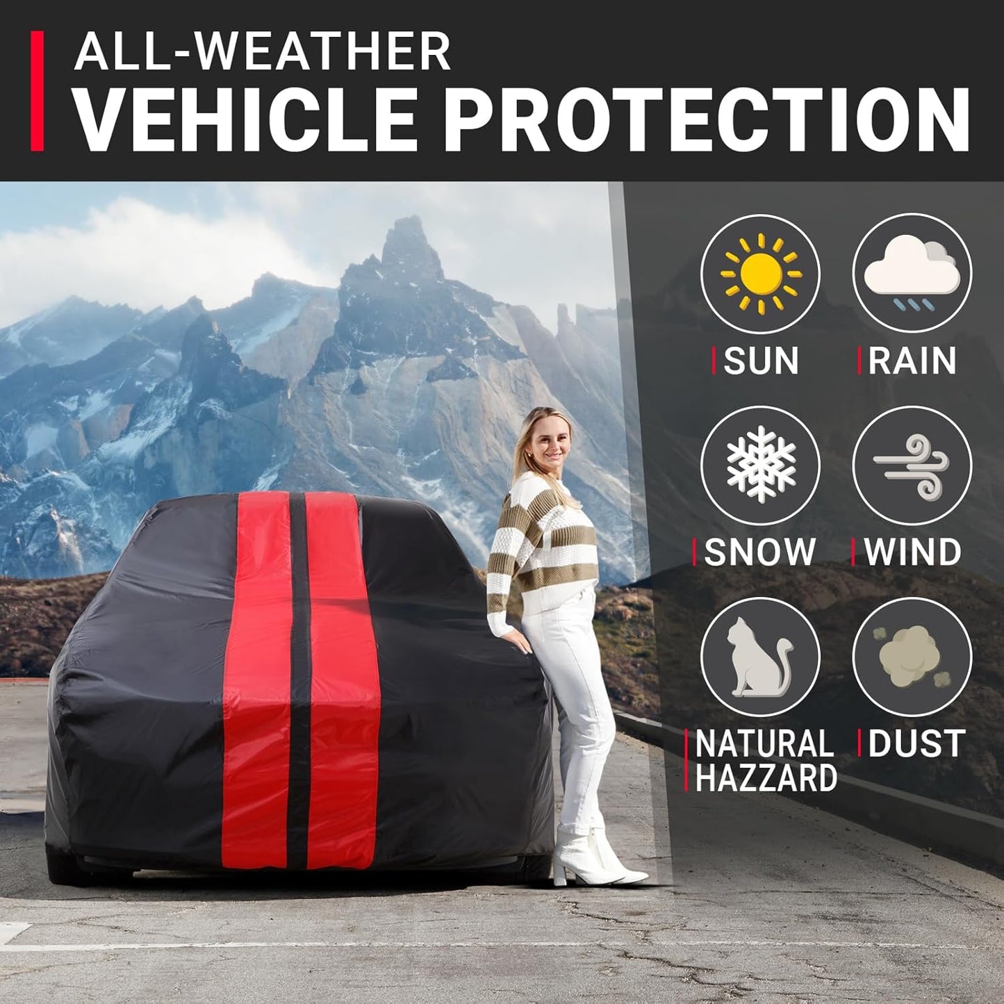iCarCover Custom Car Cover for Buick Sedanette (1947-1950) Waterproof All-Weather Rain Snow UV Sun Protector Full Exterior Indoor Outdoor Car Cover (Stripe - Black/Red)