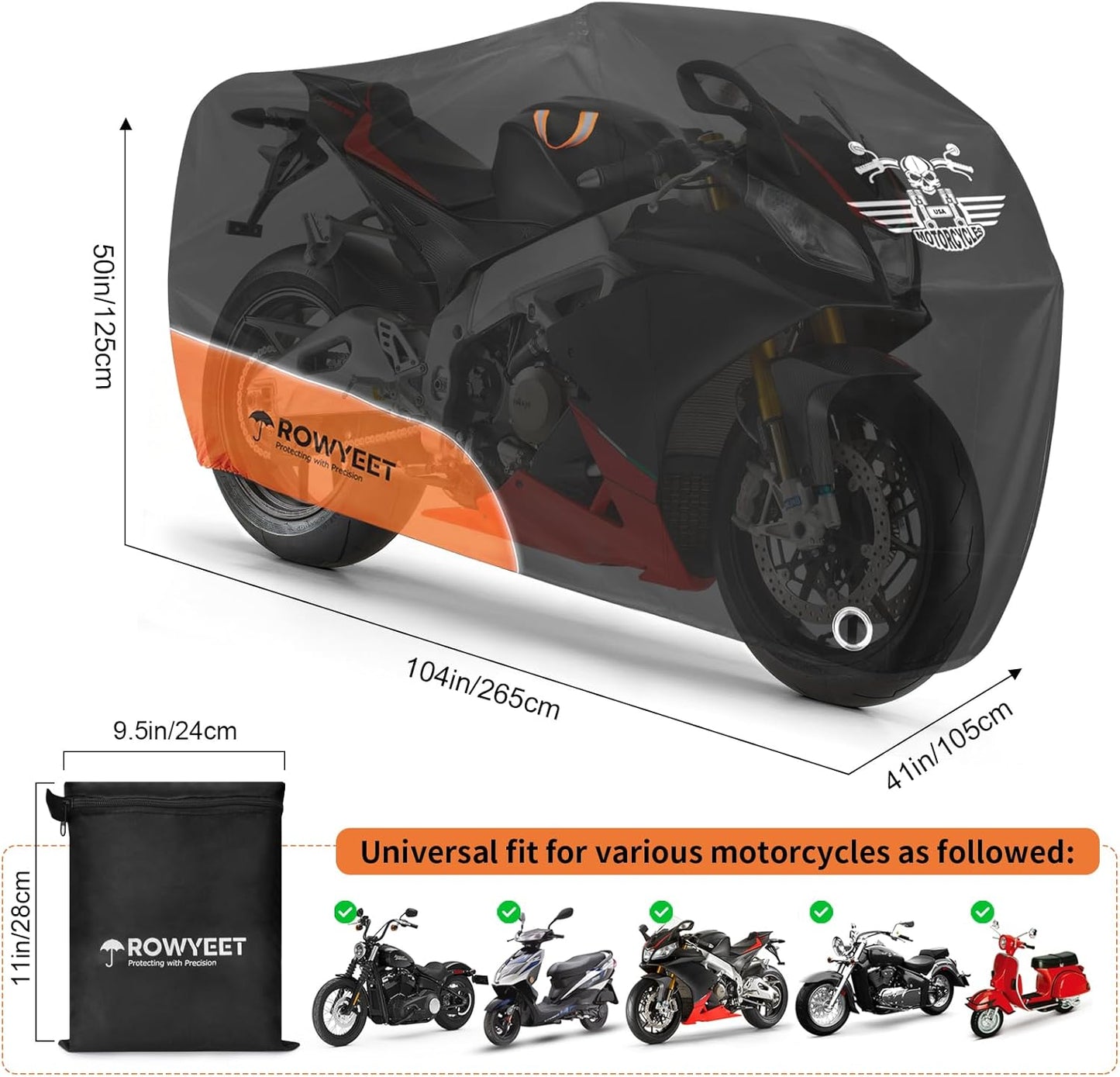 Motorcycle Cover Waterproof Outdoor Storage with Lock-Holes, Zipper Storage Bag & Night Reflective Design, All Season Protection Powersports Vehicle Covers Fits up to 104" Motorcycles