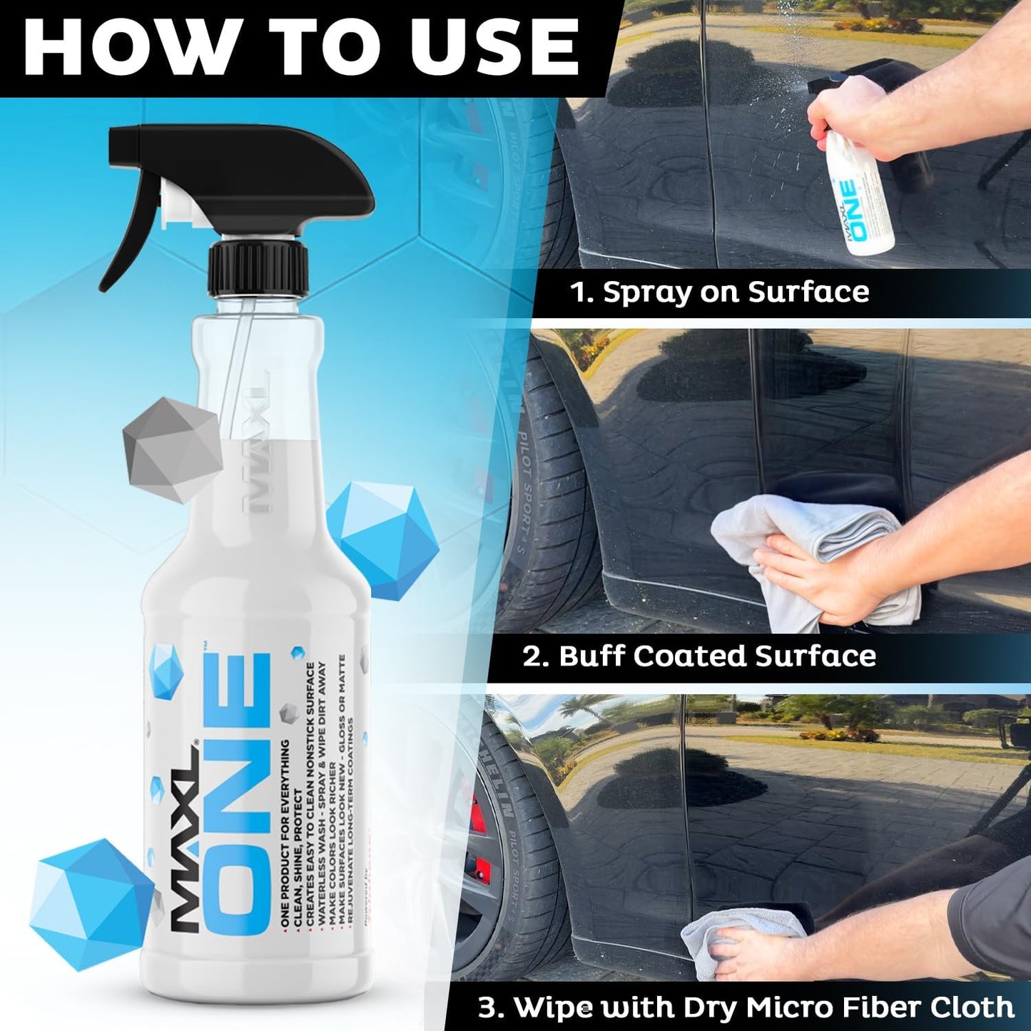 MAXLONE ™ Car Spray with Triphene® Technology, Quick Spray & Wipe All Purpose Waterless Detailer Clean, Shine, Protect Paint, Glass, Wheels, Trim Without Pre-Washing (3, 20oz w 6 Micro Fiber Cloth)