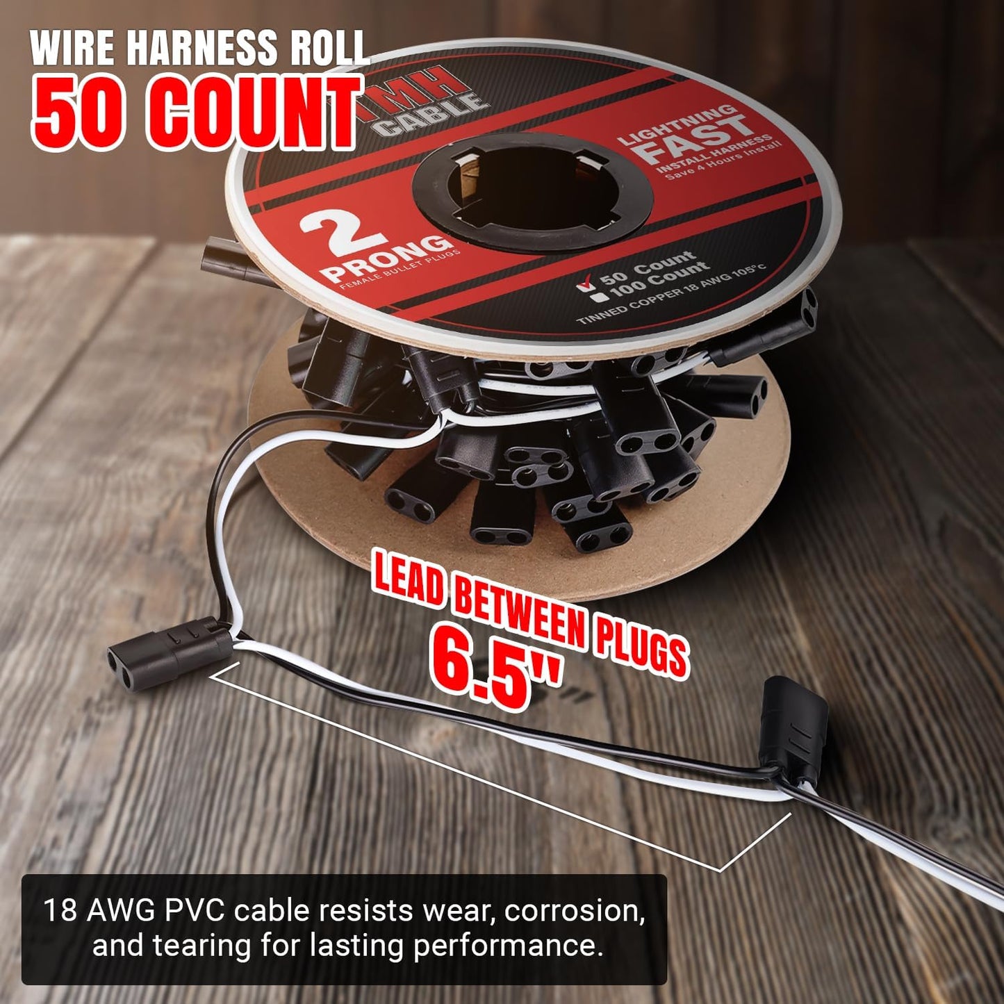 TMH 50 Count 2-Prong Wire Harness Roll Double Female Bullet Plug 18 Gauge - 6.5" Spacing for LED Marker Clearance Lights Hassle-Free Installation