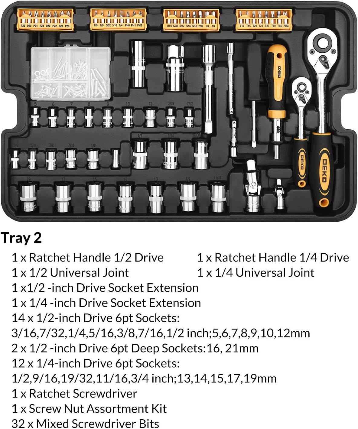 DEKOPRO 258 Piece Tool Kit with Rolling Tool Box Socket Wrench Hand Tool Set Mechanic Case Trolley Portable