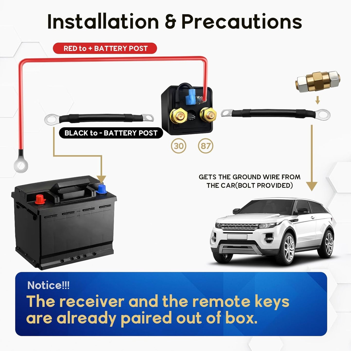 Side Post Remote Battery Disconnect Switch 12V, 250A Negative Battery Cut Off Switch Anti-Theft Kill Switch Kit Upgrade Prevent Battery Drain for Car Truck, RV Auto, Boat,Vehicle etc
