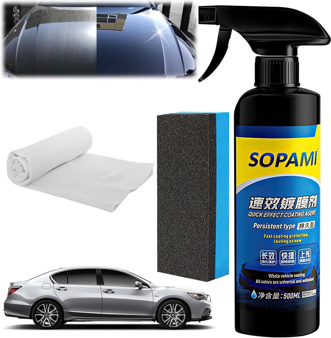 Car Coating Spray Set, Quick Effect Coating Agent, Quickly Coat Car Wax, Scratch Wax Polish Spray Extremely Hydrophobic, Oil Film Emulsion Glass Cleaner (1PCS+Sponge+Cloth)