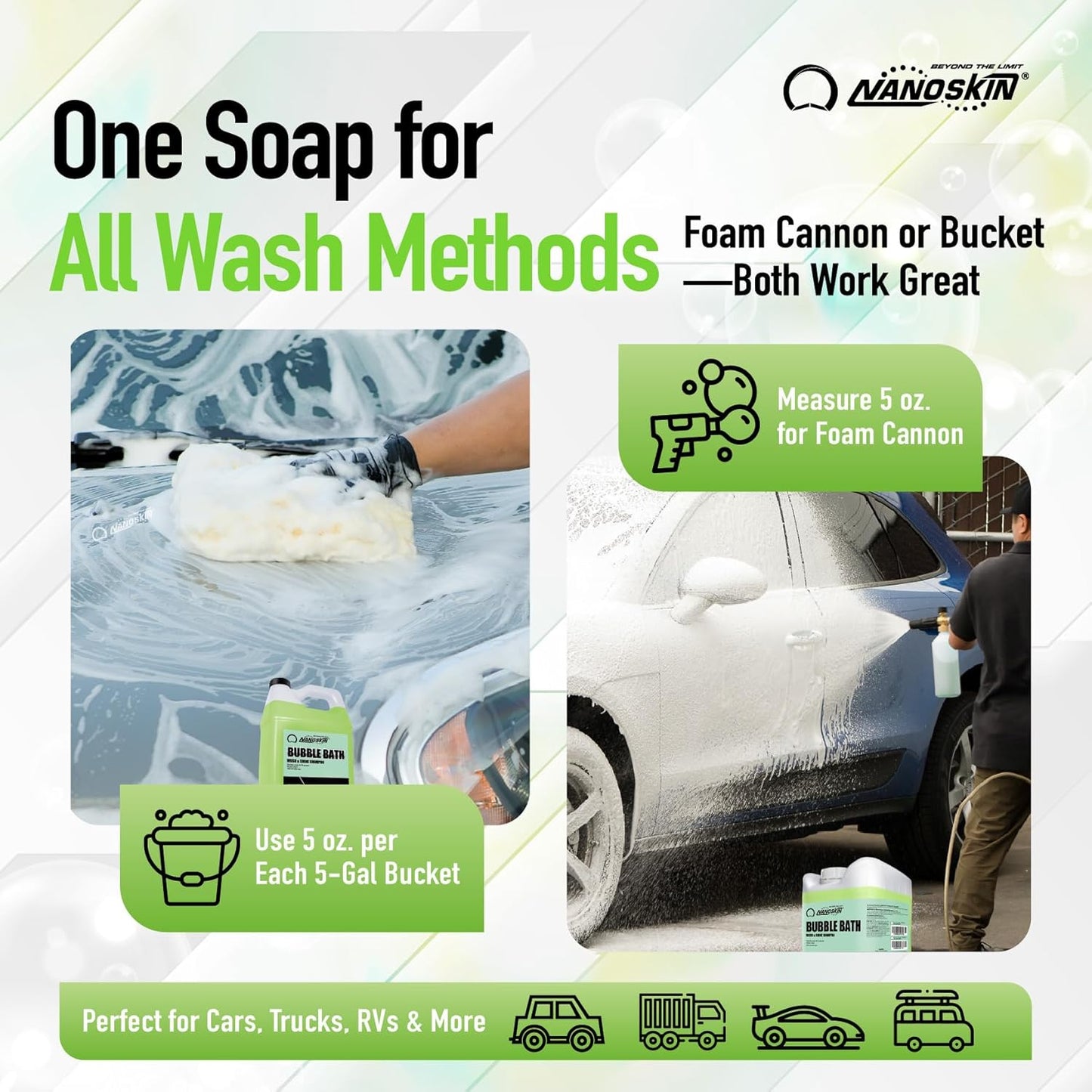 Nanoskin BUBBLE BATH Foaming Car Wash Shampoo 30 Gallons - Works with Foam Cannon, Gun, Bucket Washes, Car Soap for Pressure Washer | For Car, Truck, Motorcycle, RV & More, Green,3840 Fl Oz(Pack of 1)