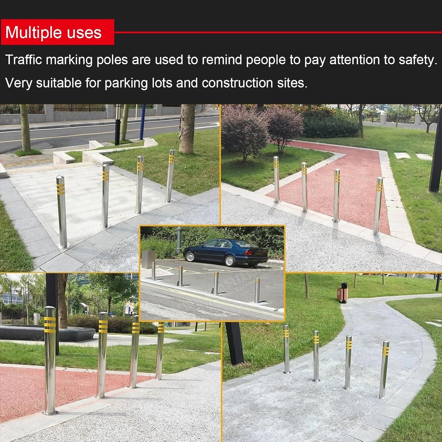 Stainless Steel Parking Bollards for Driveway, Industrial Safety Bollards Reflective Channelizer Post, Parking Barrier, Sturdy and Durable, Easy to Install, for Crowd Control(Silver (1pcs),7.6*60cm/3*