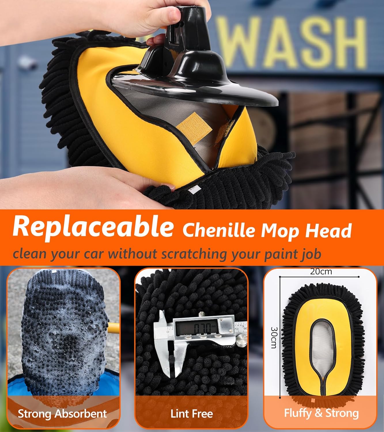 56.7" Car Wash Brush Mop Kit Microfiber Car Washing Sponge Mitt with Long Handle Car Cleaning Supplies Tools RV Washing Duster Exterior Scratch Free, Chenille Replacement Head Extension Pole