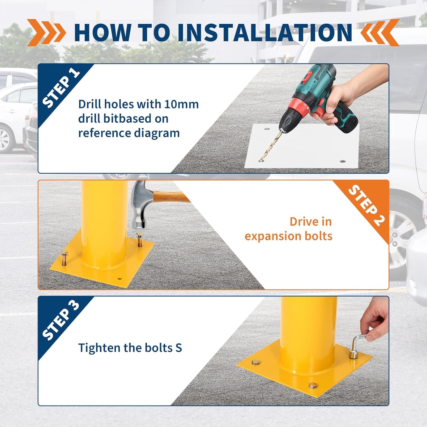 4.5x42 Inch Safety Bollard Post - Yellow Steel Bollard with Anchor Bolts (6-Pack) for Parking Lots, Walkways & Traffic Areas