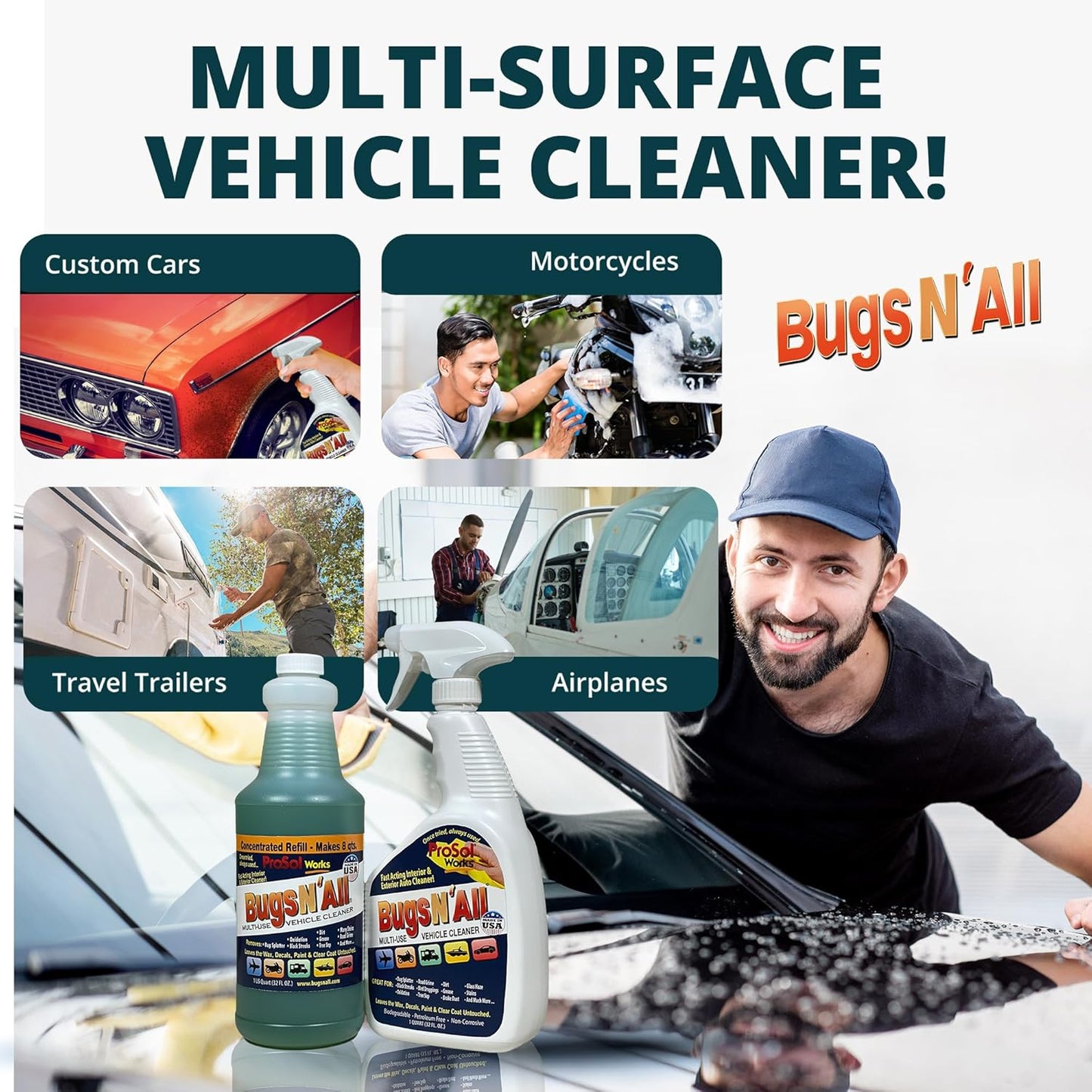 Bugs N’ All Multipurpose Car Cleaner & Degreaser - Bug & Tar Remover Concentrate 32 oz - Exterior Cleaner Safe for Car Paint, Metal, Chrome, Aluminum, Windows & Mirrors - w/Free 32 oz Spray Bottle