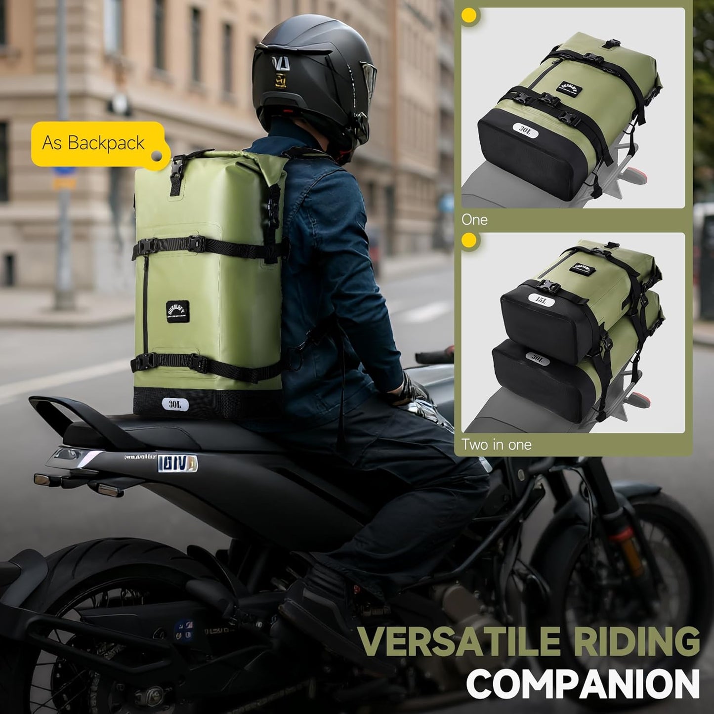 Motorcycle Saddle Bag, 30L Waterproof Motorcycle Tail Bag, 2 Size and 3 Color Options Travel Bag, PVC Bag, Rear Seat Bag, Field Green GT-30GN