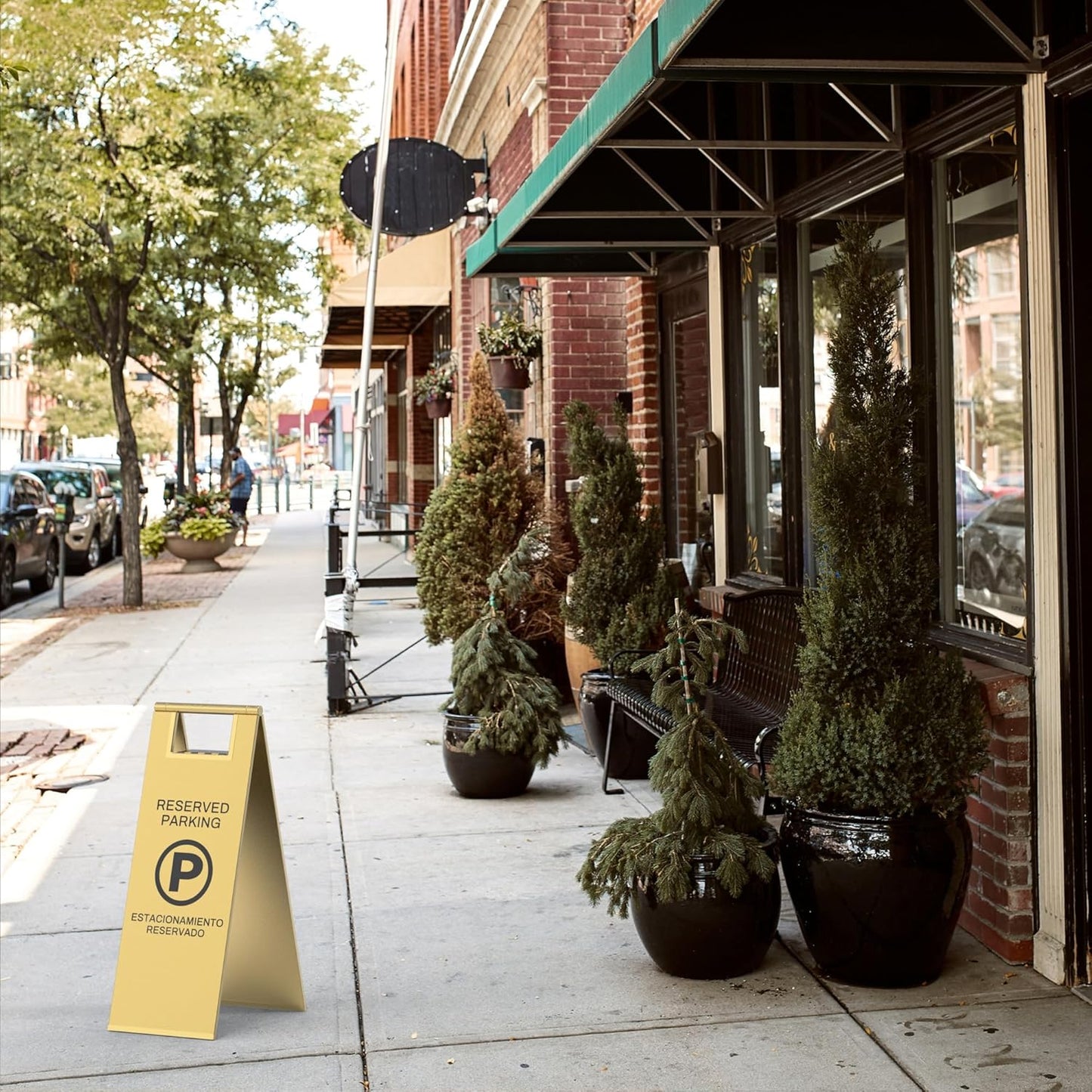 Reserved Parking Sign – Foldable Heavy Duty Plastic A-Frame with Bold “P” Symbol, Bilingual English & Spanish – 24" Tall Reserved Spot Marker for Storefront, Driveway, Garage – Gold