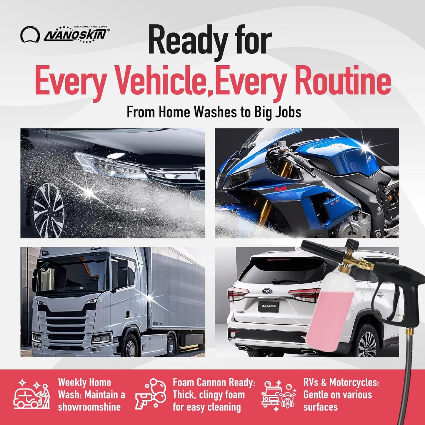 Nanoskin CHERRY SUDS Foaming Car Wash Shampoo 16 Oz. - Works with Foam Cannon, Foam Gun, Bucket Washes, Car Soap for Pressure Washer | Safe for Cars Trucks, Motorcycles, RVs & More | Cherry Scented