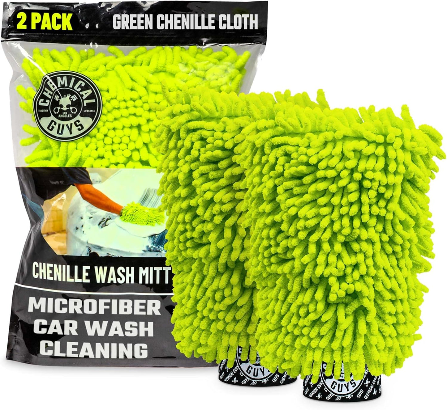 Chemical Guys MIC49302 Chenille Premium Scratch-Free Microfiber Wash Mitt, Lime Green, 9.6" x 2.3" x 7" (2 Pack)