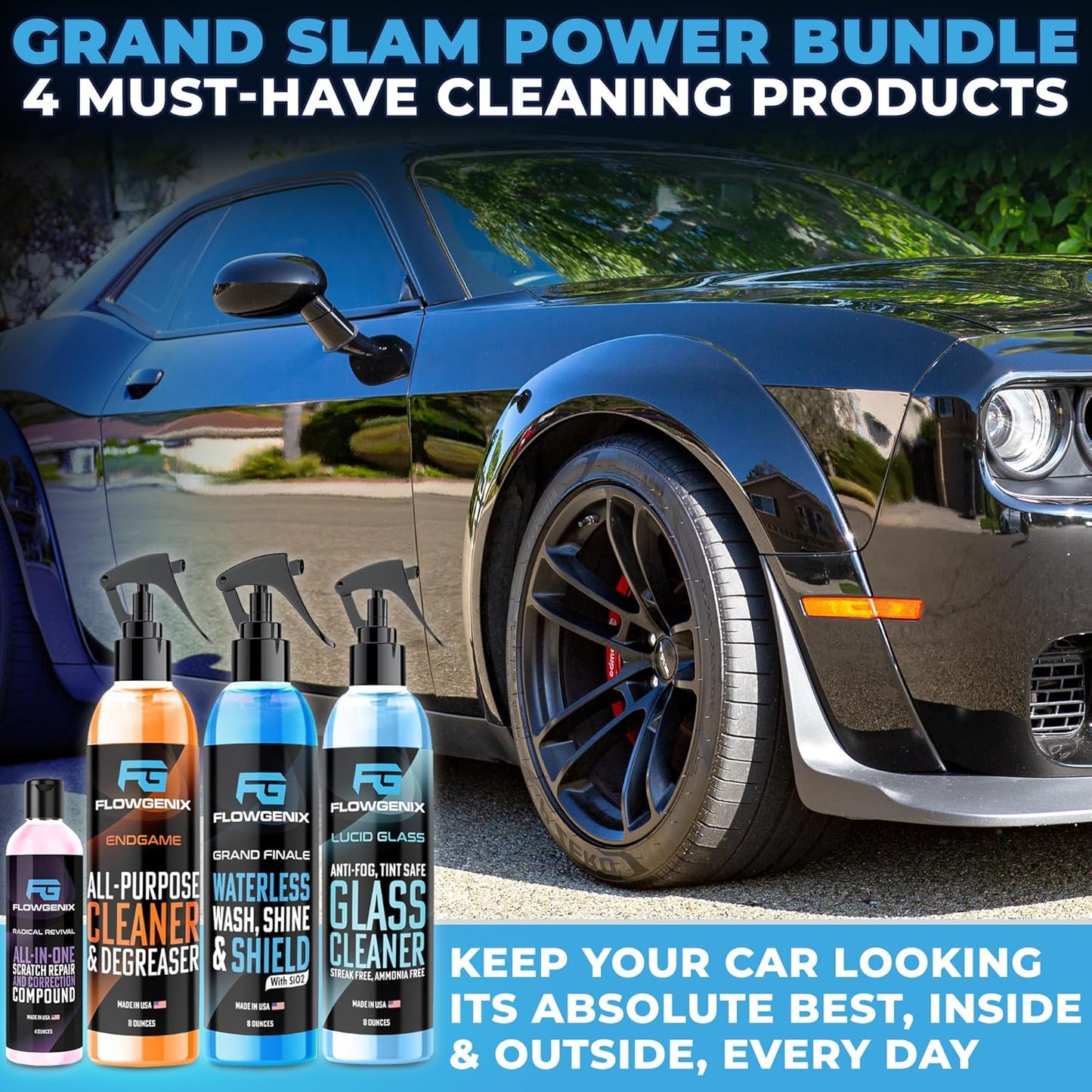 Grand Slam 4-Pack Includes Waterless Car Wash Spray + Instant Car Scratch Remover Repair + Streak Free Window and Glass Cleaner + All Purpose Cleaner for Auto Detailing, 2 Microfiber Towels
