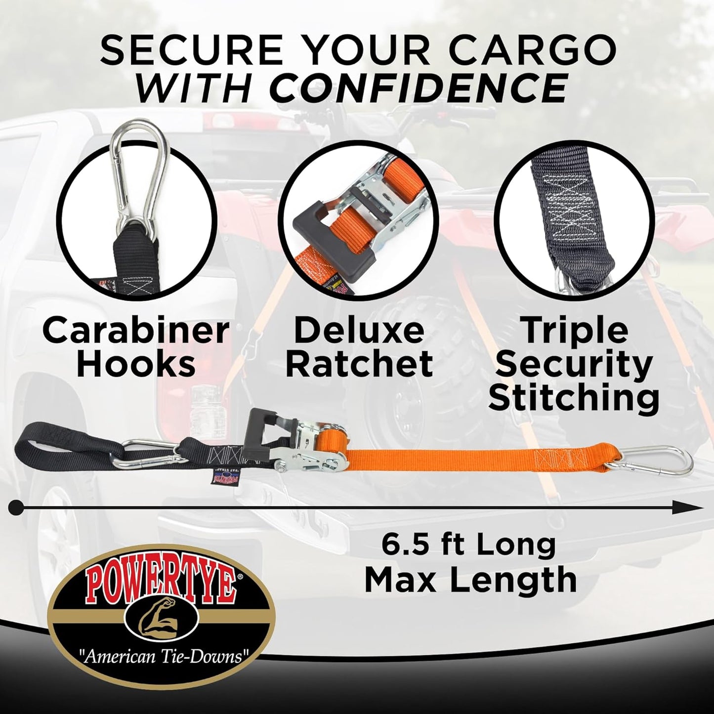 PowerTye 1.5in x 6.5ft Heavy Duty Ratchet Tie-Down Straps with Soft-Tye and Carabiner Hooks - 1,000 lb Working Load Limit / 3,000 lb Breaking Strength - Made in USA - Red/Black Pair