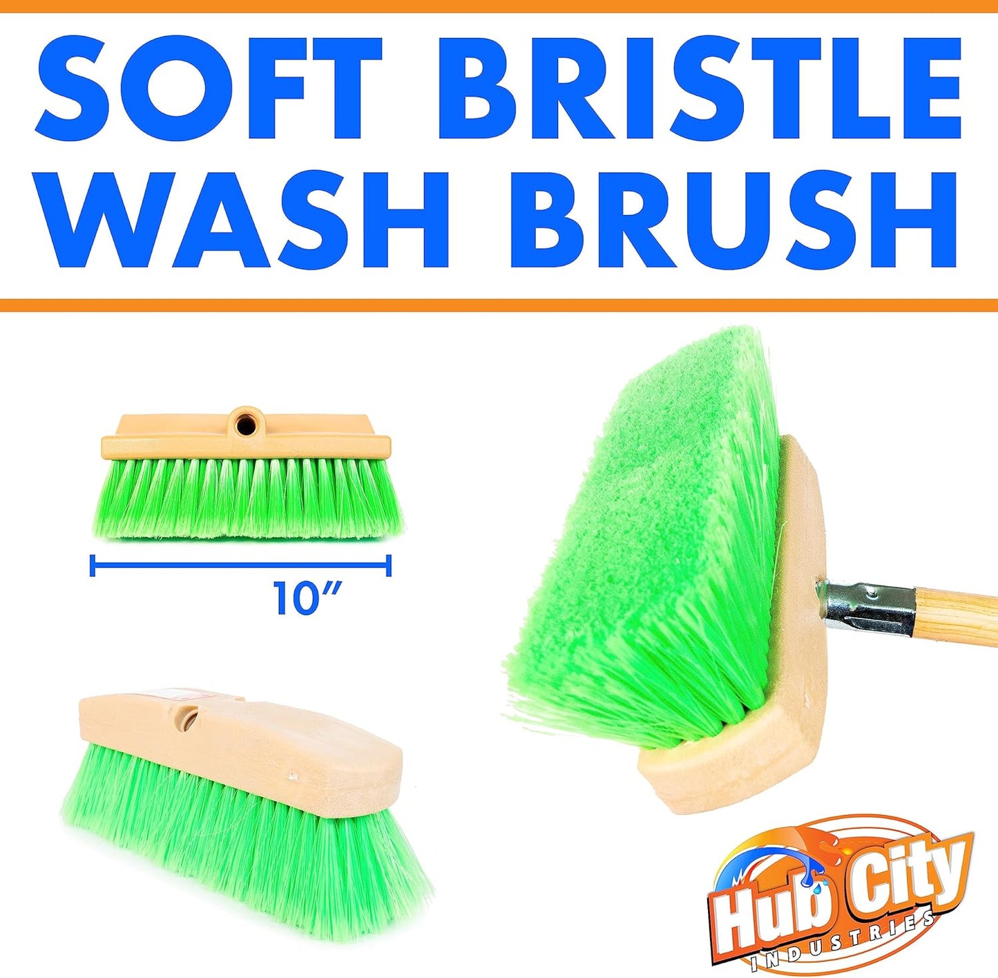 Hub City Industry 10- inch Car Wash Brush, Soft Nylon Bristle, car Accessories, Cleaning Supplies, Automotive wash Brush, Commercial Vehicle Scrub Brush, Flagged Green Poly Bristle